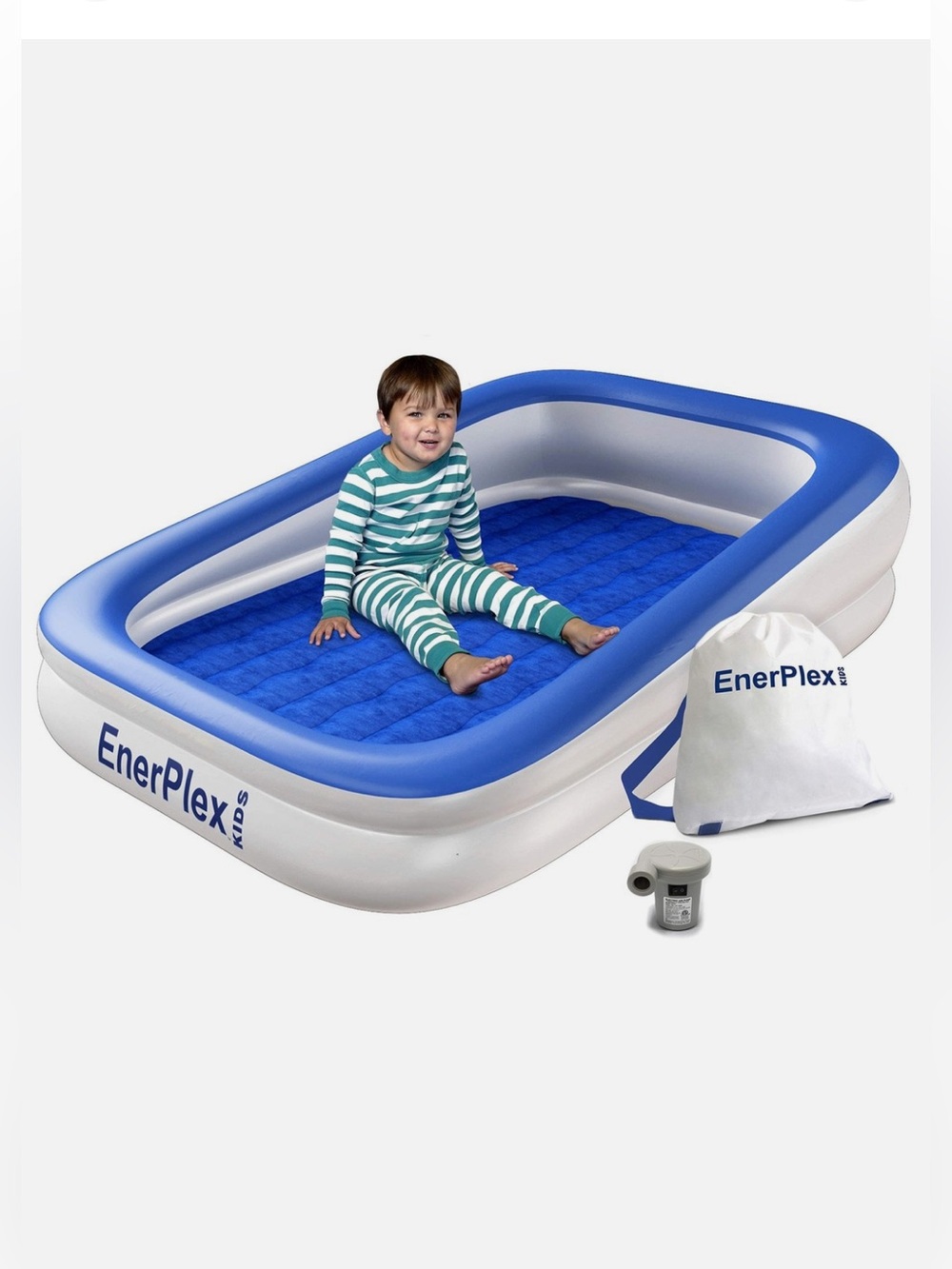 EnerPlex Kids Inflatable Portable Travel Bed with High Speed Pump Blue